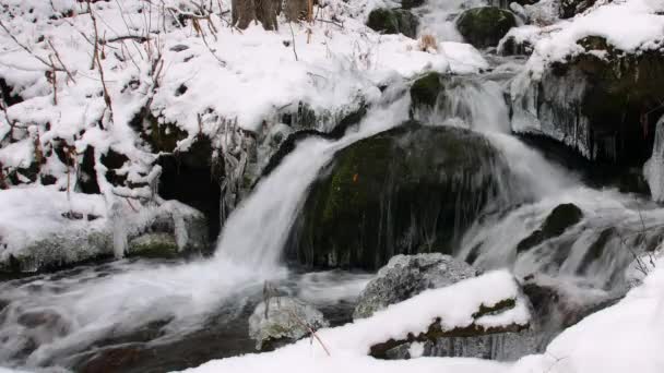 Nahaufnahme Eines Kleinen Wasserfalls Der Über Felsen Und Eis Einem — Stockvideo