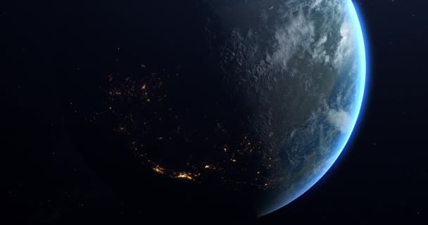 それが昼から夜に動く時に 地球のゆっくりとした回転 地球は黒い空間と星の軸で回転しています 高詳細 現実的 アニメーション — ストック動画