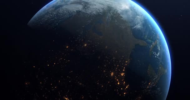 一个缓慢的地球自转 因为它从白天到夜晚都在运动 地球在它的轴线上在黑色空间和恒星中旋转 非常详细 现实的动画 — 图库视频影像