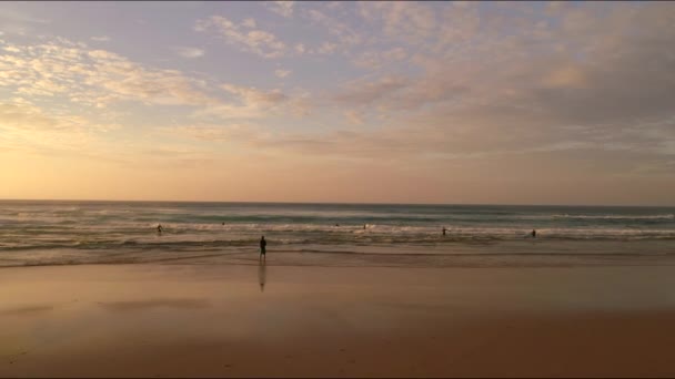 Lecąc Grupę Ludzi Obozu Surfingowego Podczas Gdy Oni Idą Oceanu — Wideo stockowe