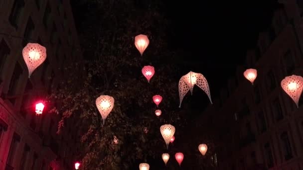 Linternas Flores Sobre Una Calle Central Lyon Durante Festival Luz — Vídeos de Stock