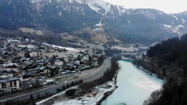 Panorama Drona Prawej Lewej Dolinie Chamonix Zimą — Wideo stockowe