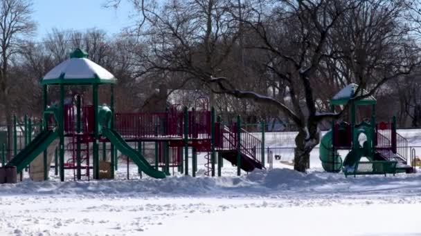 Wide Shot Empty Public Playground Covered Snow — Stock Video