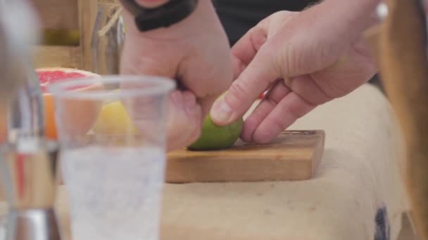 Limón Rodajas Servido Ginebra Bebida Tónica Cámara Lenta — Vídeos de Stock