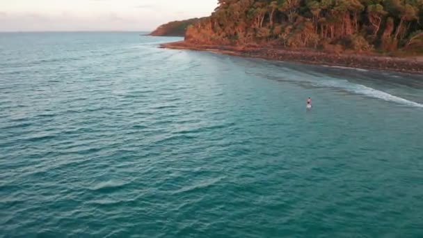 海岸に浮かぶパドルボーダーを旋回するドローンショット — ストック動画