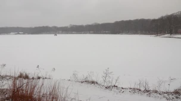 通過する吹雪の間 イリノイ州の農村部で凍結した湖の広いショット水平パン 湖は氷と雪に覆われている — ストック動画