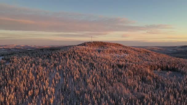 Luftaufnahme Des Sonnenuntergangs Über Einem Schneebedeckten Gefrorenen Hügel Tiefen Wald — Stockvideo