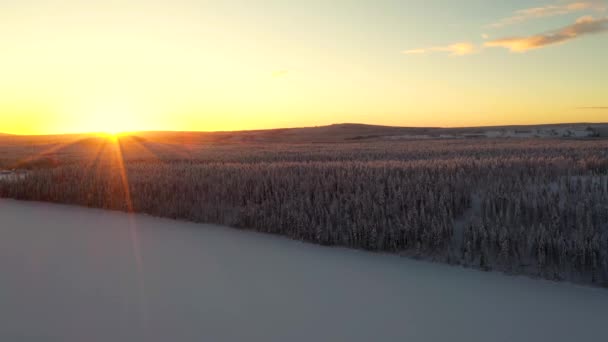 Aerial View Sunset Snowy Frozen Lake Deep Forest Hills Mountains — Stock Video