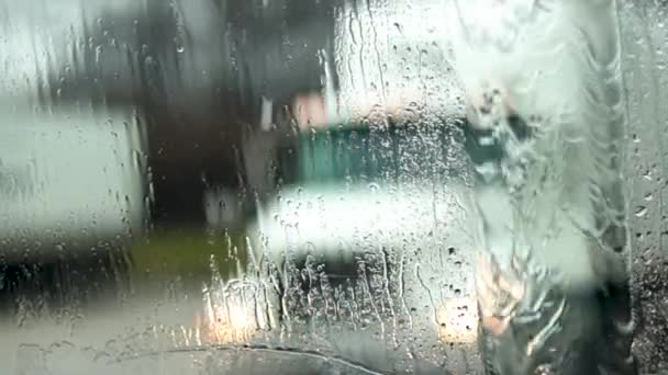 View Cabin Semi Facing Windshield Pouring Rain Another Tractor Trailer — Stock Video