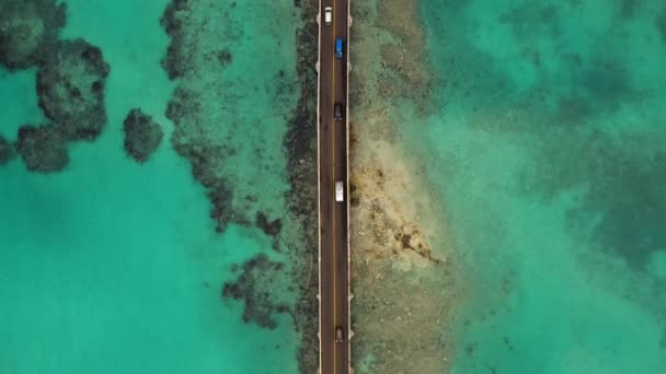 Vista Volo Uccello Dopo Ponte Auto Sull Acqua Turchese Sull — Video Stock