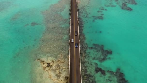 Vista Aerea Del Ponte Auto Sull Acqua Turchese Sull Isola — Video Stock