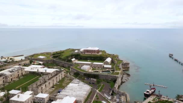 Aerial View Tropical Island Harbour Prison Looking Stone Fort — Stock Video