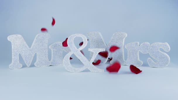 Rose Petals Falling Mrs Sign Slow Motion — Stock Video