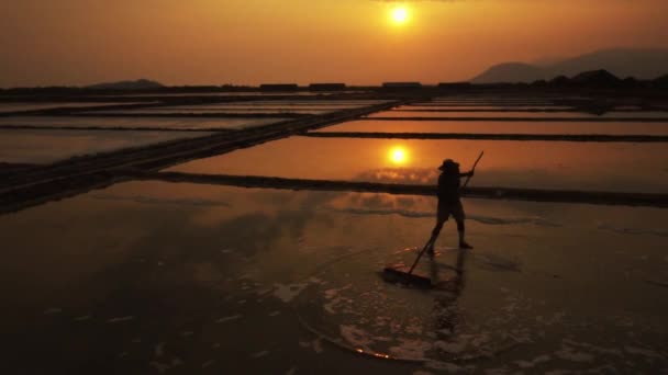 Arbeiter Vor Der Goldenen Abendsonne Die Die Salzfelder Harkt — Stockvideo