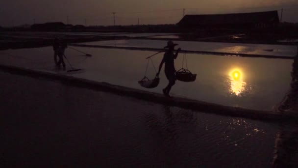 Zeitlupe Von Salz Feild Arbeiter Silhouette Gegen Die Abendsonne Südostasien — Stockvideo