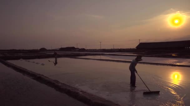 Silhouette Zweier Arbeiter Beim Harken Der Salzfelder Südostasien — Stockvideo