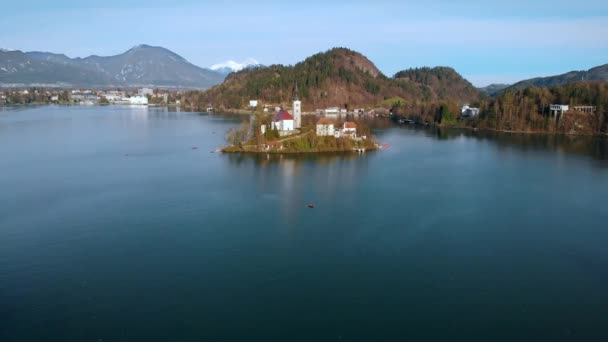 Aerial Bled Lake Church Slovenia — Stok Video