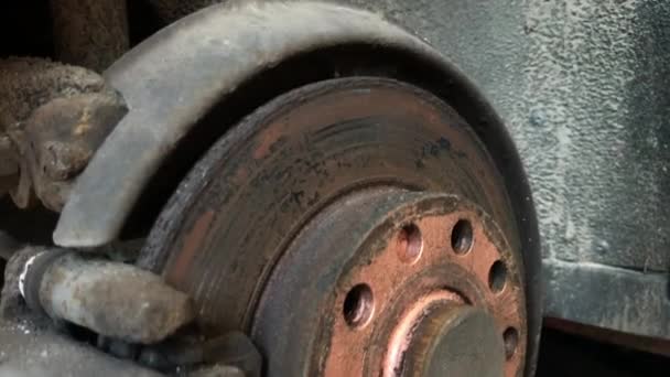 Closeup Shot Rusty Used Disc Brake Wheel Mounting Holes Covered — Stock Video