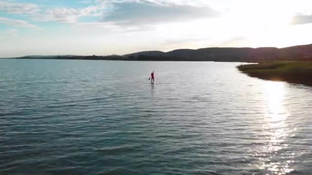 Luchtfoto Van Een Vrouw Een Stand Paddle Board Tijdens Zonsondergang — Stockvideo