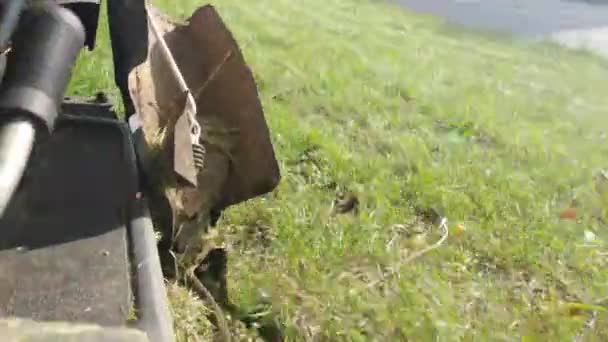 骑着草坪割草机喷出的高草的动作镜头 — 图库视频影像