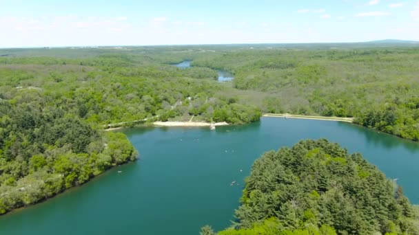 Aereo Una Bella Piccola Spiaggia Lago Incastonato Nella Fitta Foresta — Video Stock