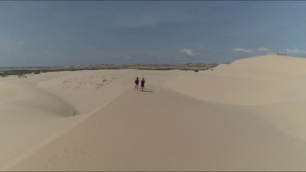 Volare Intorno Quattro Viaggiatori Sulla Cima Deserto Dune Sabbia Bianca — Video Stock