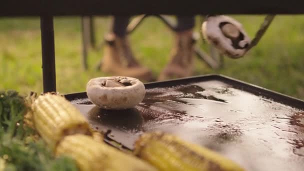 Tarde Churrasco Perto Com Legumes Espetos Carne — Vídeo de Stock