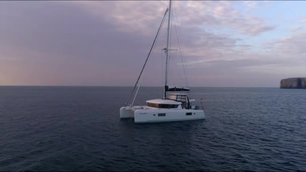 Aerian Jurul Barca Catamaran Alb Violet Portocaliu Apus Soare Eclipsă — Videoclip de stoc
