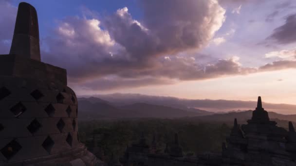 Borobudur Časová Prodleva Pohybujících Mraků Při Západu Slunce — Stock video