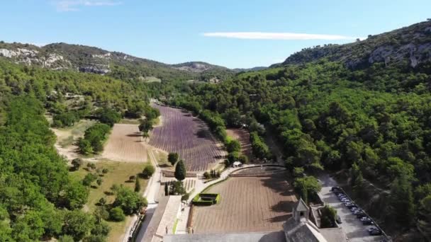 Drone Déplaçant Dessus Abbaye Senanque Révélant Structure Les Champs Lavande — Video