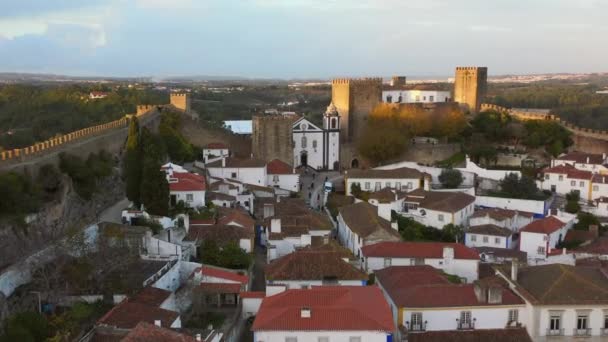 Egy Mozgó Drónfelvétel Sok Színes Háztetőről Egy Középkori Faluban Lisszabon — Stock videók