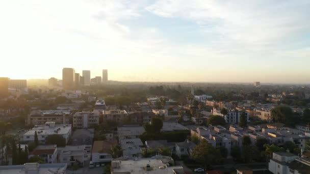 Beautiful Aerial Push Beverly Hills Homes Palm Trees Sunrise — Stock Video
