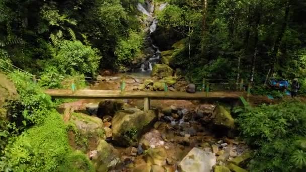 Aerial Fly Shot Bridge Next Next Waterfall Forests Khasi Hills — Stock videók