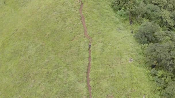 Aerial Tracking Shot Year Old Indian Mężczyzna Trekking Top Shirui — Wideo stockowe