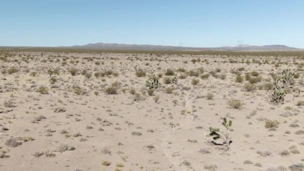 美国加利福尼亚 靠近15号州际公路的莫哈韦沙漠 低空飞行在干地上空 这是一个阳光明媚的下午 地平线上可见一些山和小山 — 图库视频影像