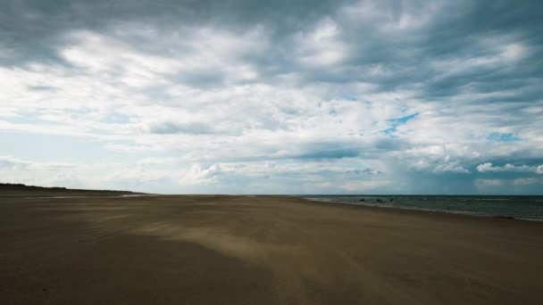 Zand Waait Desolate Strand Met Bewegende Wolken Boven — Stockvideo