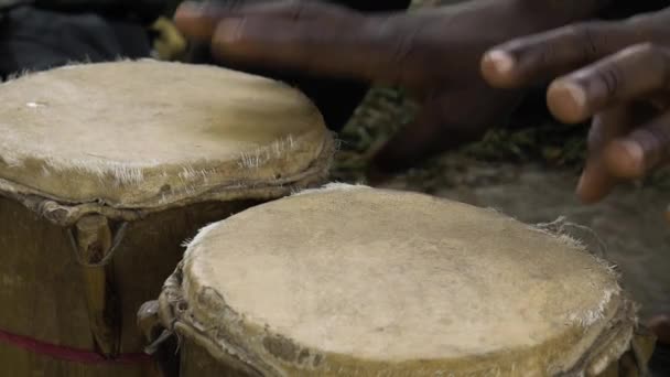 African Man Hand Beating Drum Close — Stock Video