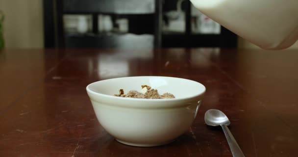 Молоко Вливається Білу Миску Наповнену Зерном — стокове відео