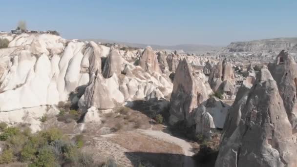 Aerial View Drone Flying Valley Cappadocia Turkey Openings Carved Solid — Stock Video