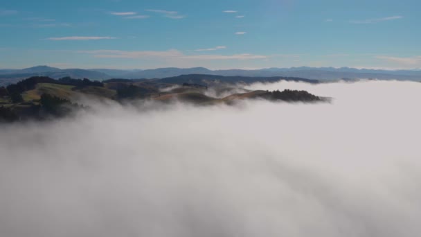 夢のようなパノラマ 横に霧の海の上を背景に丘陵地帯を飛んでいる ニュージーランド 南島のカンタベリー — ストック動画