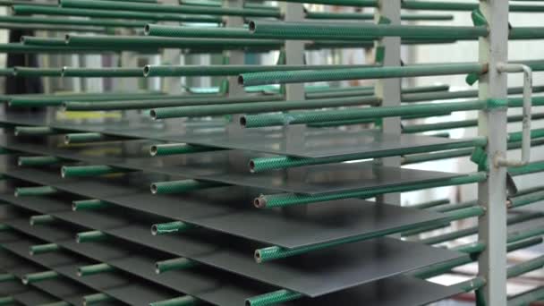 Painted Glass Sheets Drying Metal Carrier Warehouse Glass Factory Stock — Stock Video