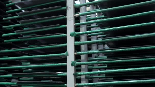 Gray Painted Glass Panels Green Shelves Painted Glass Sheets Drying — Stock Video