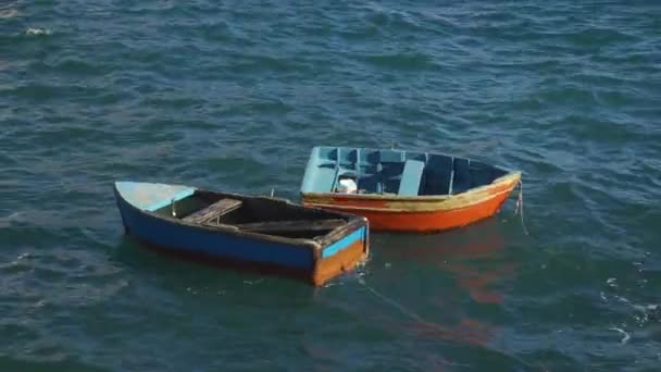 Pequeños Coloridos Barcos Pesca Flotando Bahía Cmara Lobos Isla Madeira — Vídeo de stock