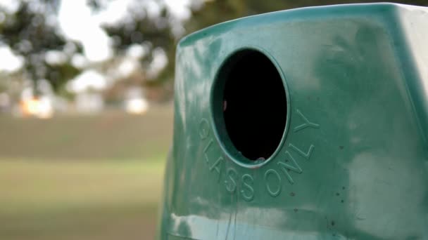 Καυκάσιος Δεξί Χέρι Τοποθετεί Πράσινο Γυάλινο Μπουκάλι Διαλογή Ανακύκλωσης Κάδο — Αρχείο Βίντεο