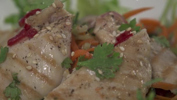 Chef Enchapando Una Ensalada Pollo — Vídeos de Stock