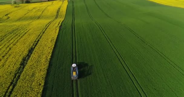 Drone Shot Tractor Remorcă Galbenă Conducere Linie Piste Anvelope Câmp — Videoclip de stoc