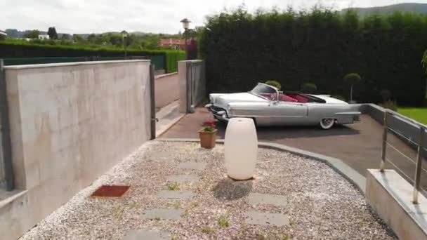 Drone Shot Beautiful Convertible Classic Car Parked Outdoors Residential Parking — Stock Video