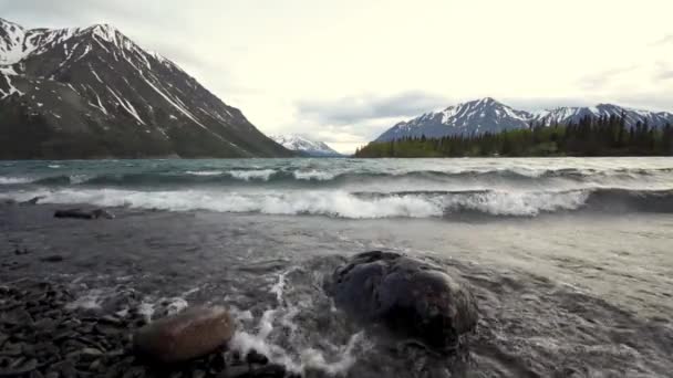 Niski Kąt Widok Jezioro Yukon Kathleen Fale Toczenia Się Skalistym — Wideo stockowe