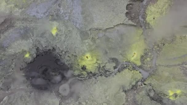 Drone Shot Mud Geyser Bubbling Yellow Sulfur Top Mount Garbuna — Stock Video