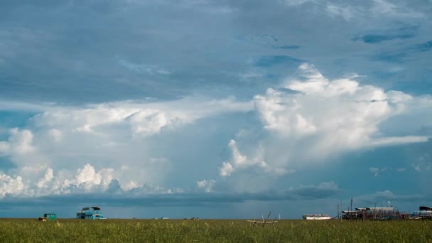 Wolkenformationen Über Wildschweinen Und Dörfern Ufer Des Tonle Sap Sees — Stockvideo